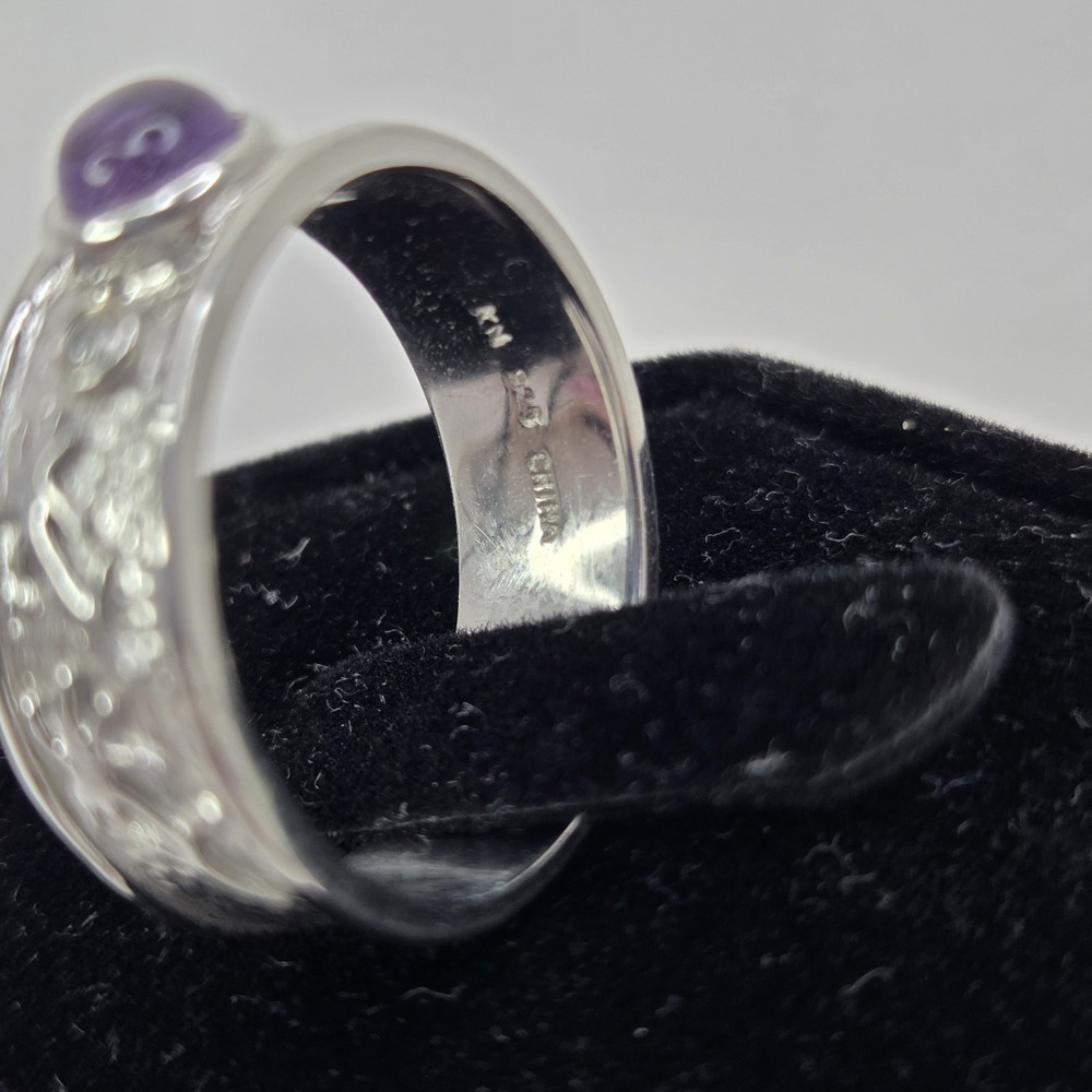 Vintage Embossed Sterling Designer Cabachon Amethyst Diamond Band Ring Size 8.75 - Picture 3 of 9
